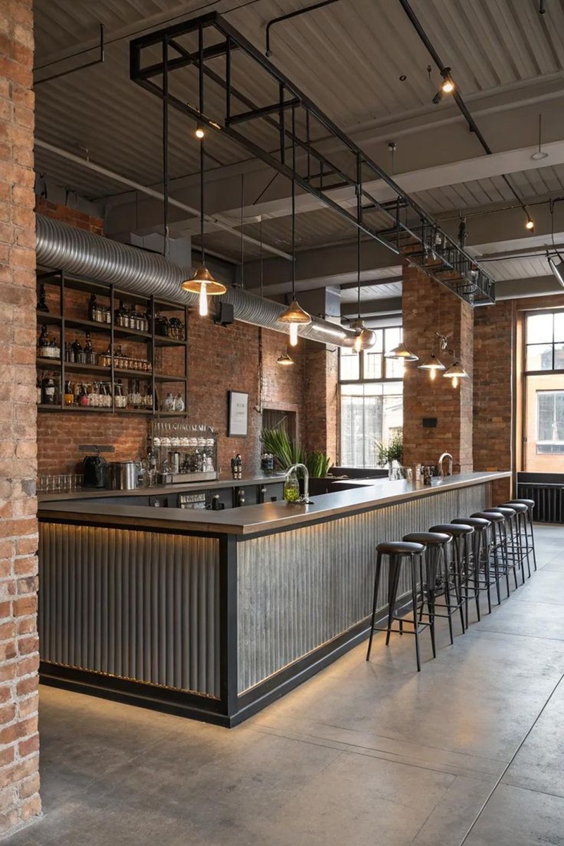 Trần cao cùng xà thép lộ thiên giúp không gian quán cafe Industrial thêm phóng khoáng