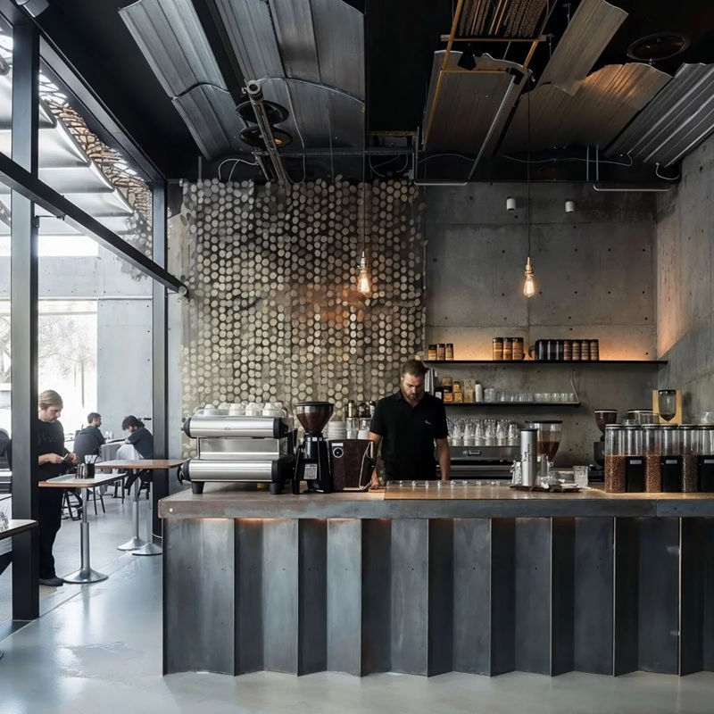 Quầy bar Industrial được thiết kế với mặt bê tông mài và đèn spotlight phong cách xưởng