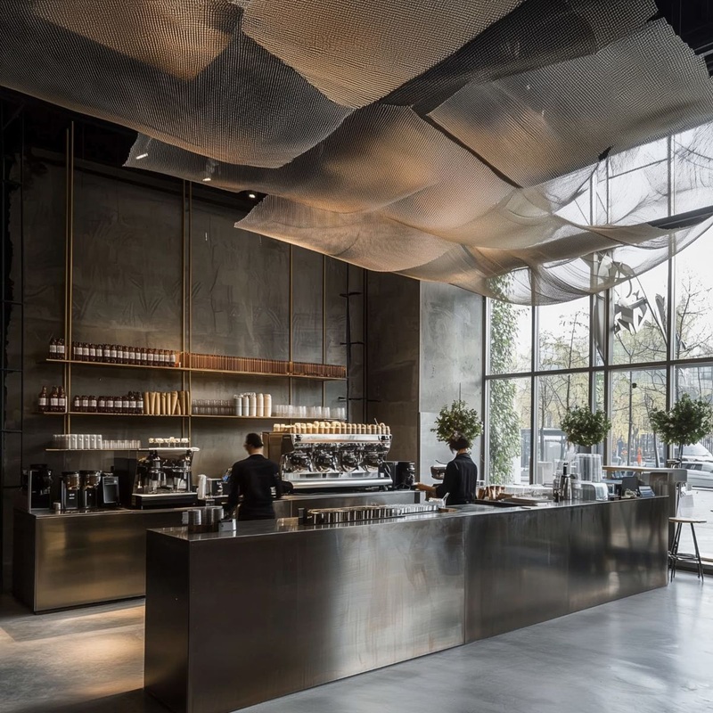 Quán cafe Industrial đón sáng tự nhiên qua hệ cửa kính khung thép đen