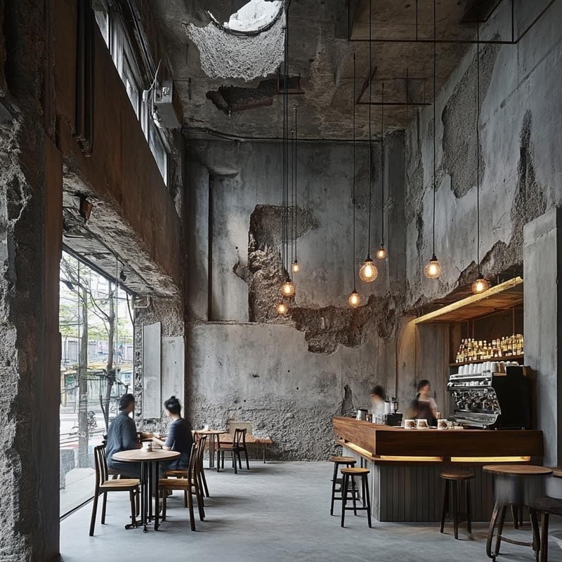 Góc check-in cực chất trong quán cafe Industrial với nền tường xi măng loang lổ một cách đầy nghệ thuật