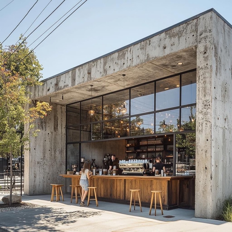 Quán cafe Industrial nổi bật giữa phố nhờ mặt tiền bê tông thô mộc đầy cá tính