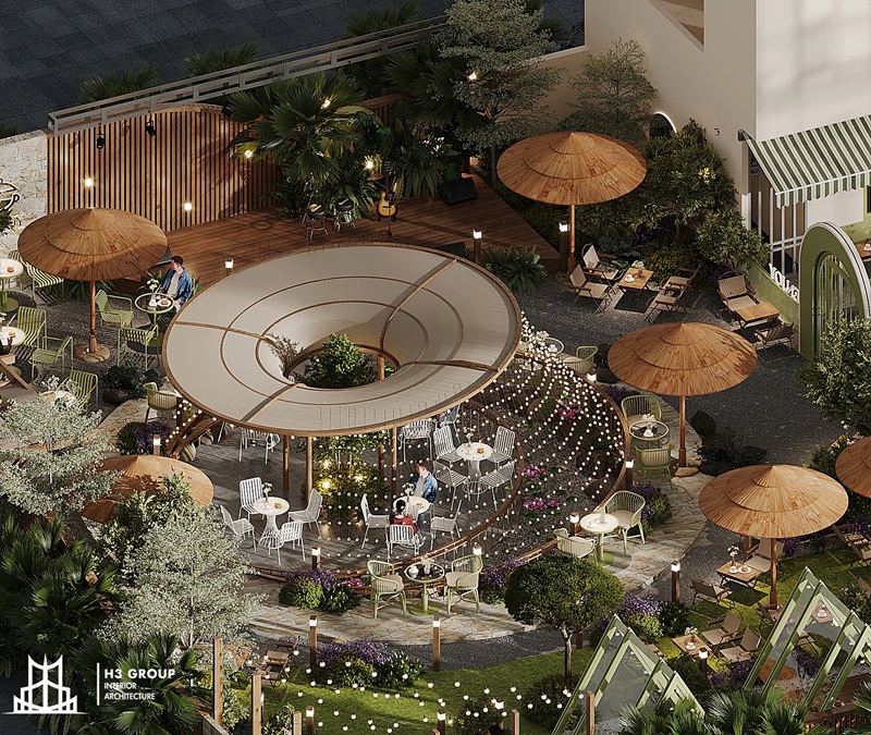 Enjoy Coffee được H3 Group thiết kế theo phong cách Tropical, mang đến một khu vườn thu nhỏ ngay giữa lòng thủ đô