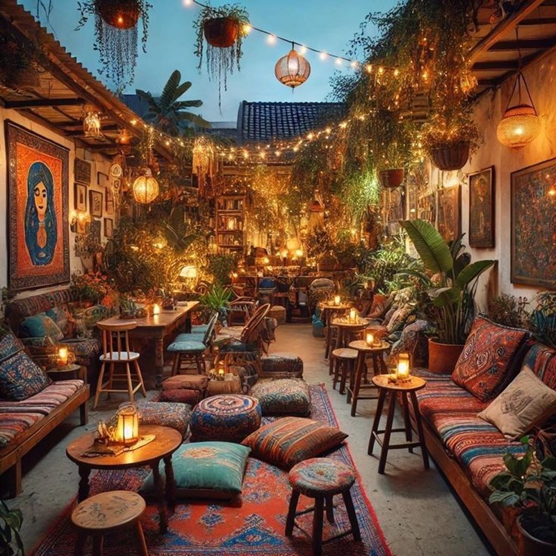 Góc ngồi Boho với gối tựa nhiều màu, bàn gỗ mộc mạc là điểm check-in yêu thích