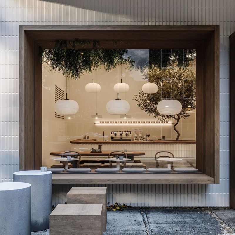 Gam màu trung tính kết hợp ánh sáng vàng là đặc trưng nổi bật trong thiết kế quán cafe phong cách Nhật Bản, tạo nên bầu không khí thư giãn