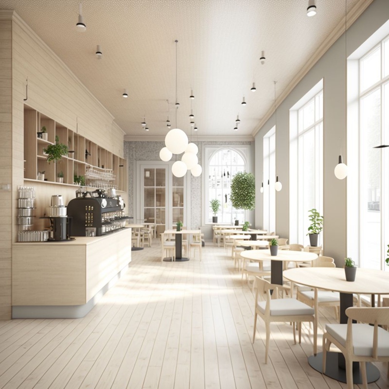 Ánh sáng nhân tạo được phối hợp khéo léo để tôn lên từng góc không gian quán cafe phong cách hiện đại