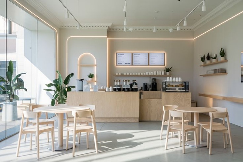 Thiết kế quán cafe phong cách hiện đại với mặt tiền kính toàn bộ giúp không gian luôn tràn ngập ánh sáng và tạo cảm giác sang trọng ngay từ cái nhìn đầu tiên