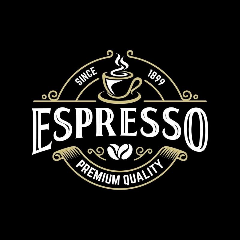Biểu tượng tách cà phê, hạt espresso và họa tiết uốn lượn tạo điểm nhấn cho logo phong cách vintage