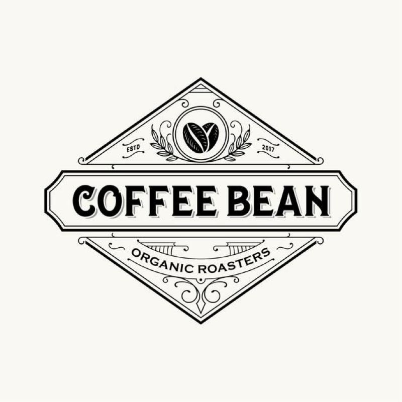Logo cà phê phong cách vintage dạng huy hiệu với biểu tượng hạt cà phê và họa tiết trang trí tinh xảo
