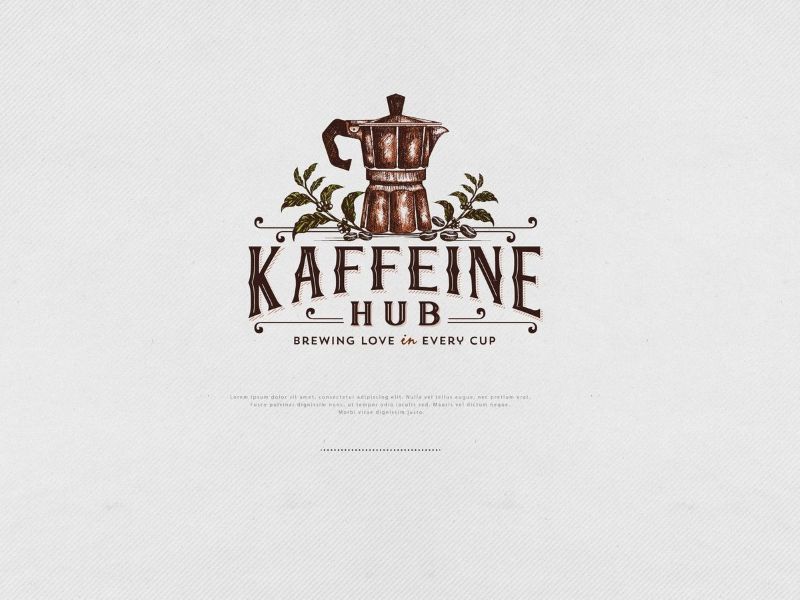 Logo cà phê vintage với hình ảnh ấm moka pot, kết hợp typography cổ điển và họa tiết lá cà phê