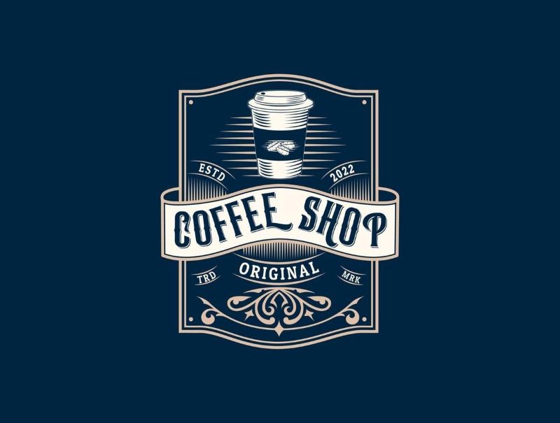 Logo cà phê vintage dạng huy hiệu với thiết kế sang trọng, nhấn mạnh tính ‘original’ với hoa văn uốn lượn tinh xảo