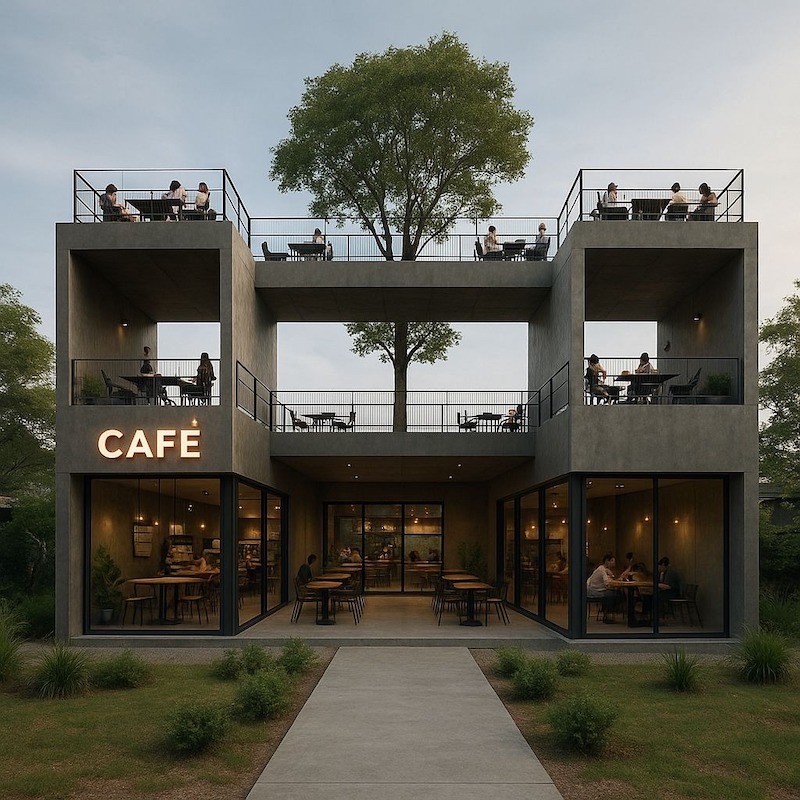 Quán cà phê với kiến trúc Brutalism độc đáo, sử dụng các khối bê tông thô mạnh mẽ, đường nét tối giản và hình học kết hợp với cây xanh và không gian mở, tạo ra một công trình vừa vững chãi vừa gần gũi