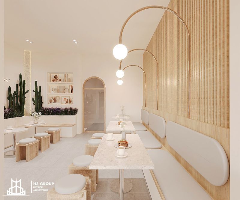 Dự án Tuylip Coffee do H3 Group thiết kế với phong cách hiện đại, kết hợp tông trắng và hồng pastel, tạo cảm giác ngọt ngào và trẻ trung