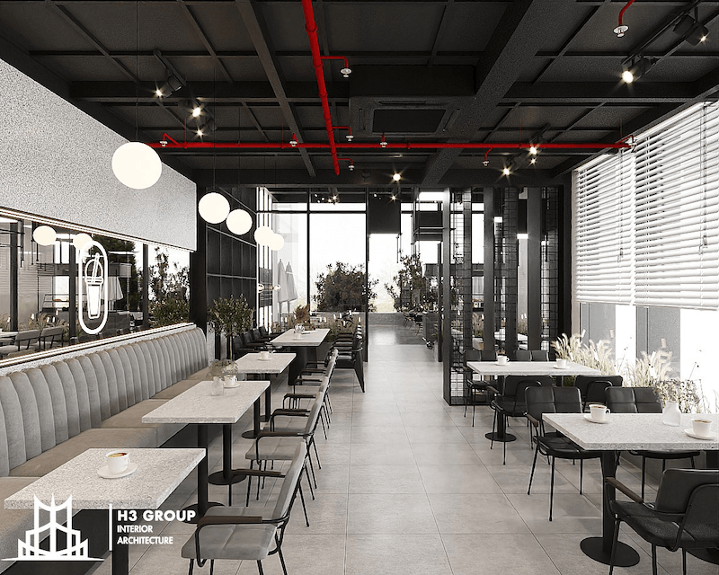 Dự án tiệm Cafe CHOUCHA thiết kế theo phong cách INDUSTRIAL mạnh mẽ và cá tính với tông màu trắng - đen cơ bản