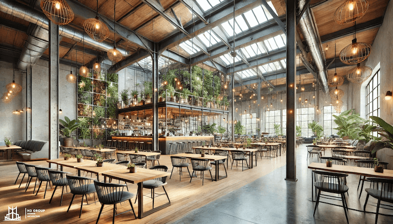 Mẫu thiết kế quán cafe 300m2 phong cách Industrial hiện đại, thông thoáng và gần gũi với thiên nhiên