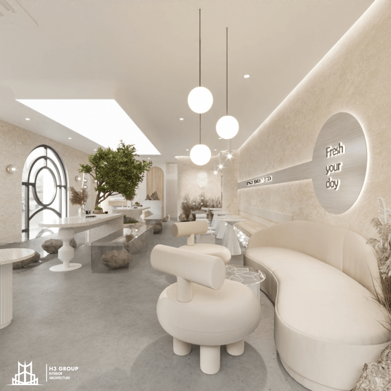 Thiết kế quán cafe 300m2 với bàn ghế nên được sắp xếp theo cụm, ưu tiên tạo lối đi rộng tối thiểu 1m giữa các khu