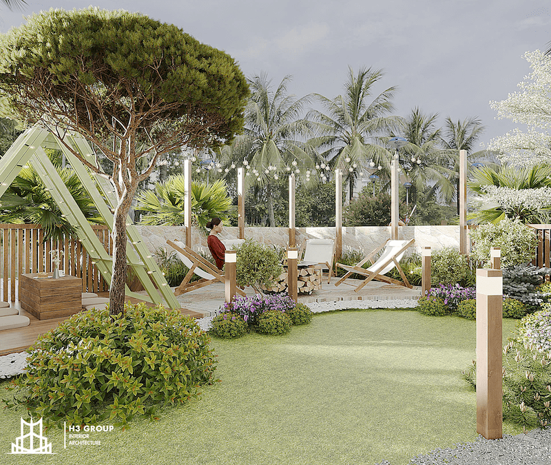 Mẫu quán cafe Tropical 300m2 với không gian mở ngoài trời gần gũi, bao phủ với cây xanh