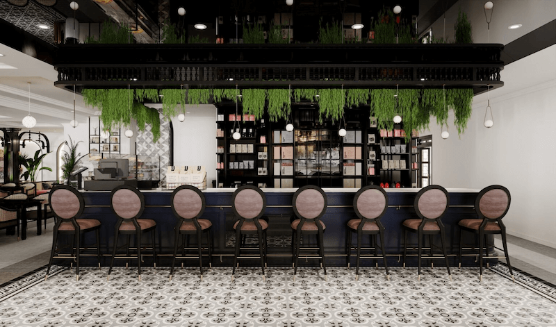 Quầy bar theo phong cách Indochine ấn tượng với thiết kế cổ điển kết hợp chất liệu hiện đại tạo nên không gian sang trọng