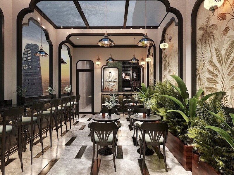 Thiết kế quán cafe 300m2 phong cách Indochine hiện đại, kết hợp hài hòa giữa nét kiến trúc cổ điển Pháp và họa tiết nhiệt đới, tạo cảm giác sang trọng và gần gũi.