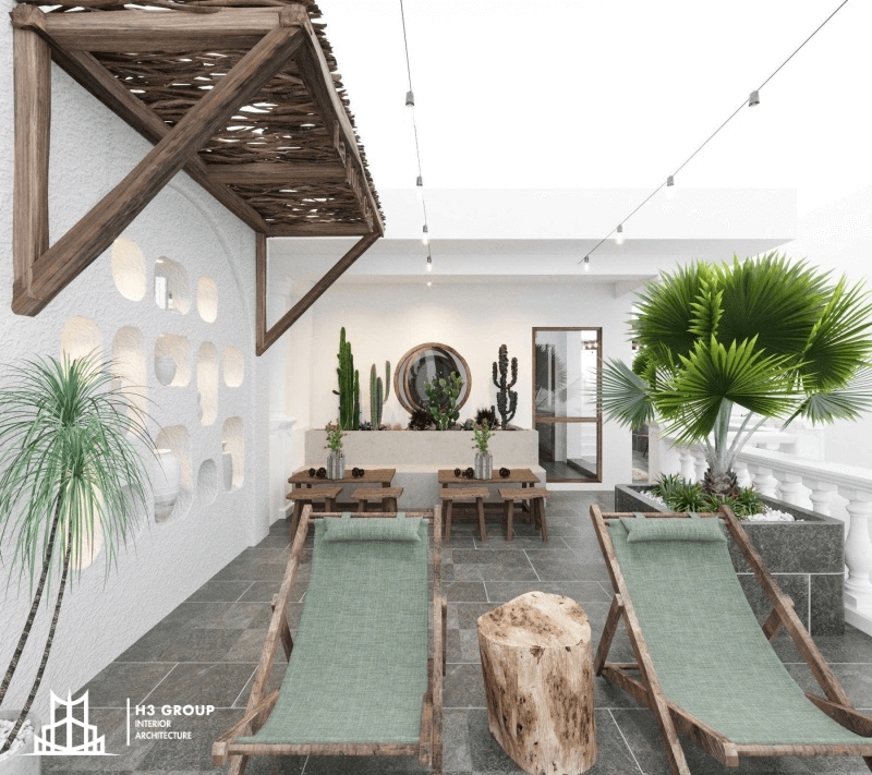 Thiết kế quán cafe 100m2 với bố cục mở, tone màu sáng giúp không gian trông rộng hơn
