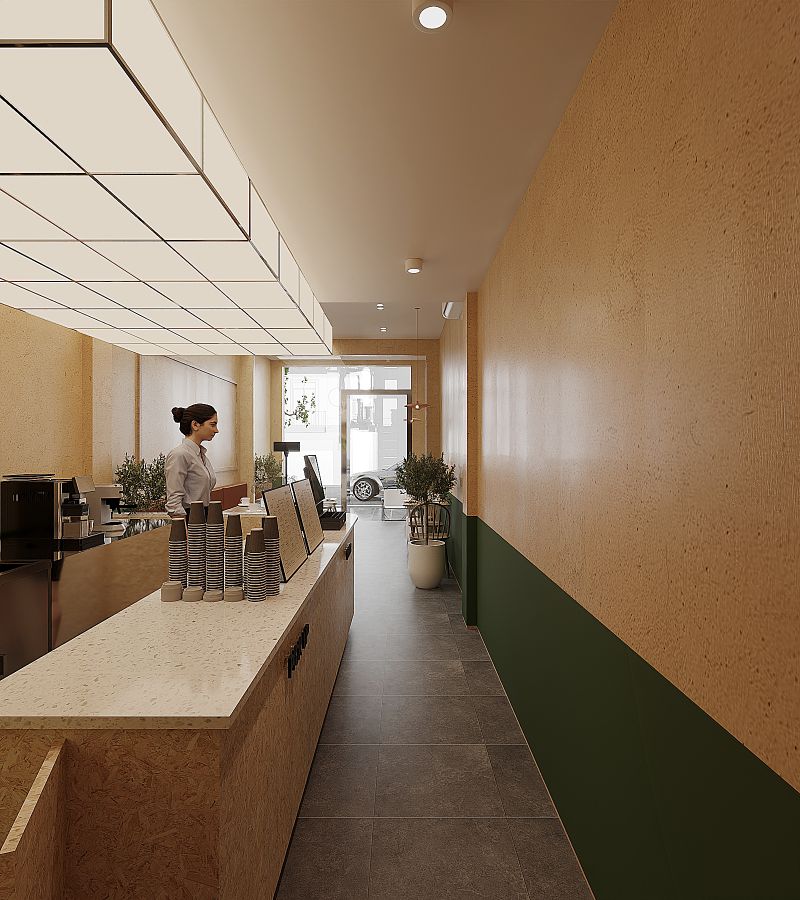 Kết hợp trần cao và cửa kính lớn để tăng chiều sâu trong thiết kế quán cafe 100m2