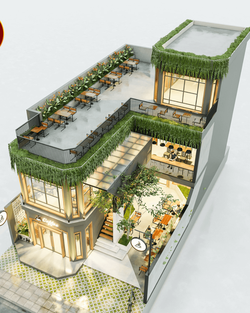 Thiết kế thông minh cho quán cafe 3 tầng giúp tăng diện tích sử dụng mà vẫn giữ được sự kết nối mạch lạc và thẩm mỹ tổng thể
