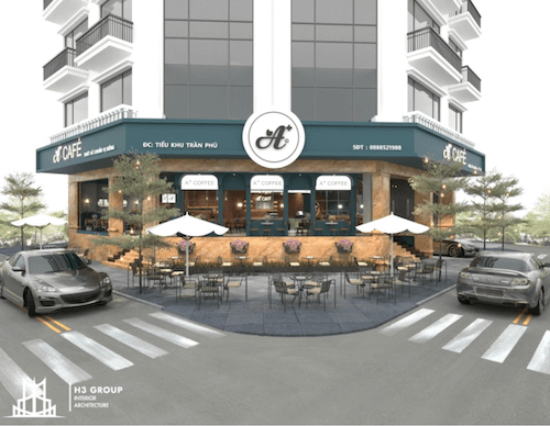 Với lợi thế ba mặt thoáng, quán cafe dễ tạo điểm nhấn kiến trúc và thu hút ánh nhìn ngay từ xa