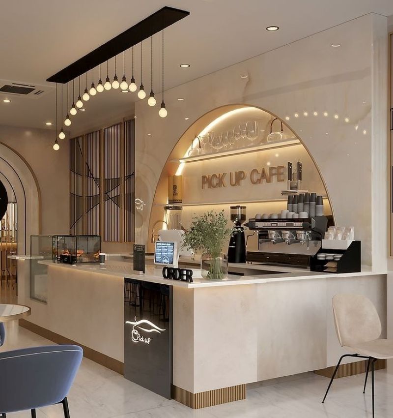Thiết kế quán cafe hiện đại phù hợp với khách hàng yêu thích sự sang trọng và thoáng đãng