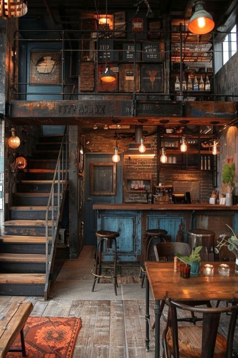 Quán cafe gác lửng đậm chất vintage với lang cang rỉ sét, cầu thang gỗ cũ kĩ kết hợp với ánh sáng vàng ấm từ đèn trần