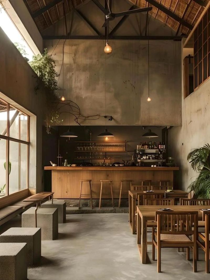 Nội thất gỗ đi kèm hệ thống đèn treo hiện đại giúp quán cân bằng giữa nét mộc mạc truyền thống và tinh thần sáng tạo hiện đại