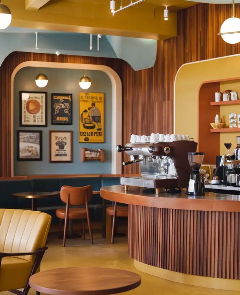 Quầy bar được thiết kế với gỗ veneer hoặc đá terrazzo, vừa sang trọng vừa mang hơi thở hoài niệm