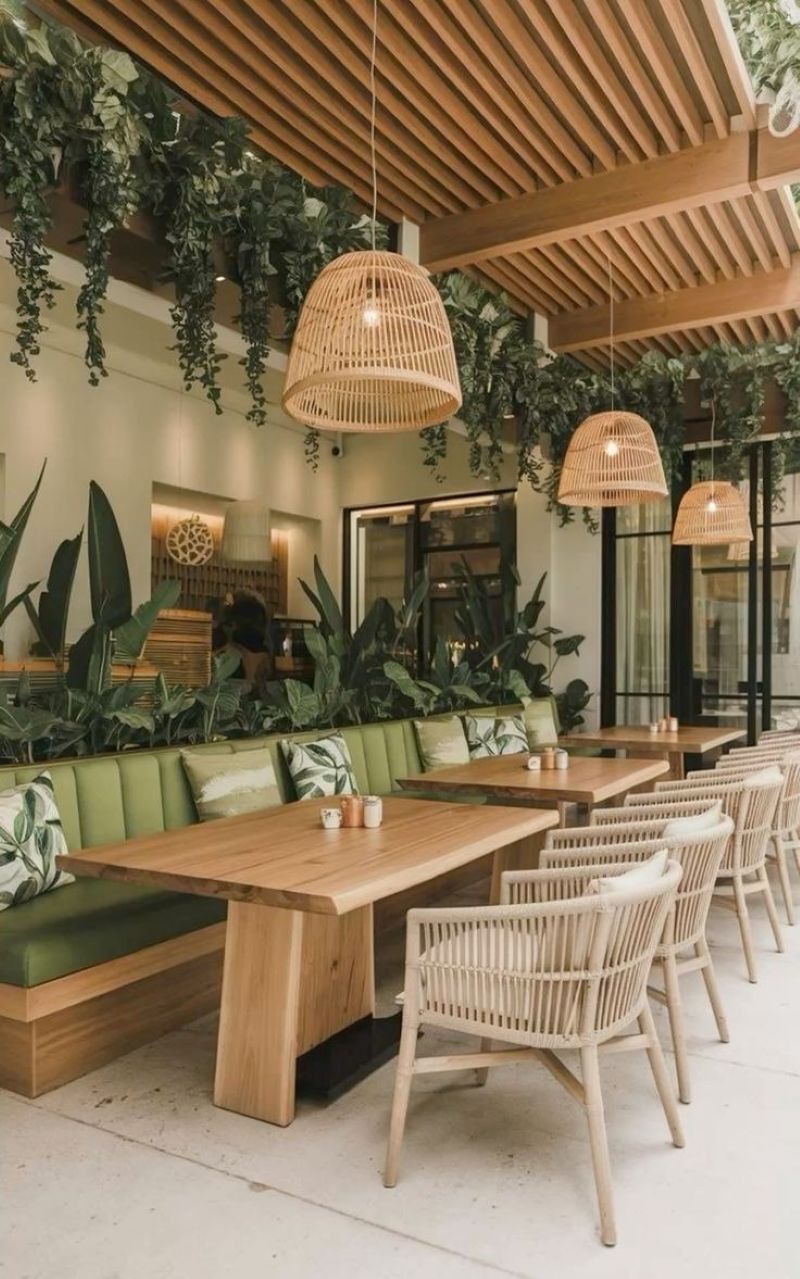 Thiết kế quán cafe hiện đại phong cách Hiện đại – Nhiệt đới nổi bật với không gian mở, thoáng đãng, nhiều ánh sáng tự nhiên
