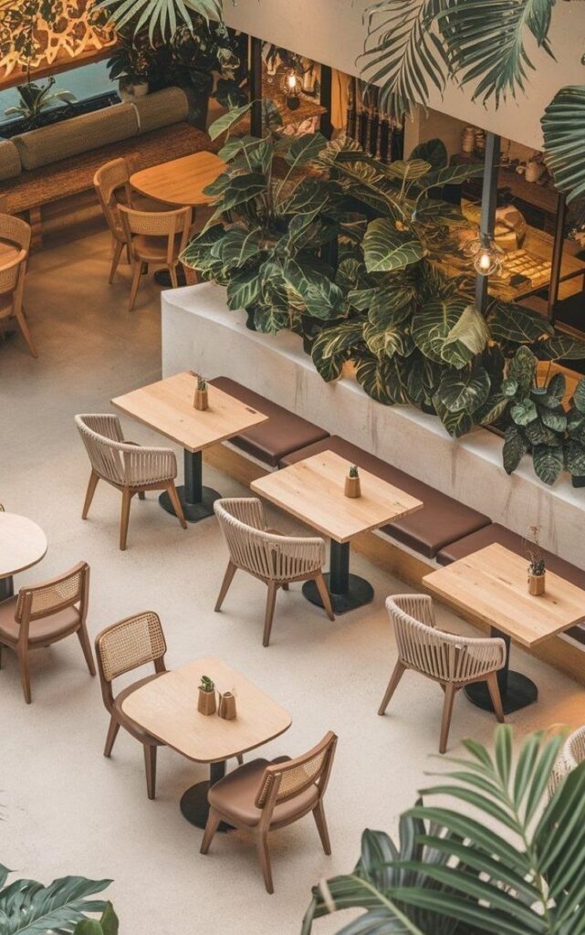 Nội thất mang đường nét đơn giản, vuông vức của phong cách hiện đại, kết hợp cùng chất liệu gỗ, mây, tre để gợi sự gần gũi 