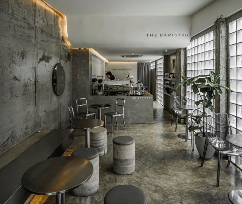 Khi kết hợp phong cách tối giản với chất liệu bê tông, quán cafe trở nên cool ngầu, cá tính và khác biệt hẳn so với phong cách truyền thống