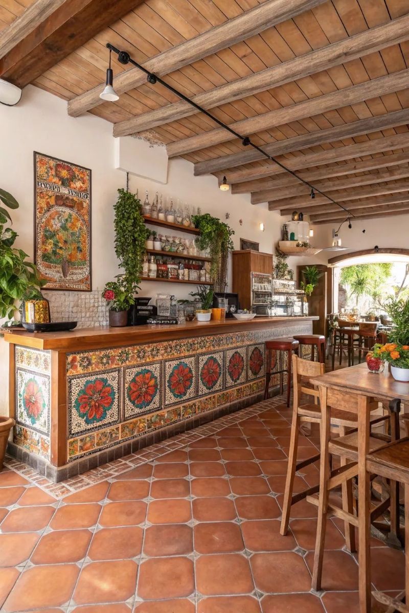 Không gian quán cafe mang đậm hơi thở Địa Trung Hải, với quầy bar ốp gạch hoa rực rỡ, trần gỗ mộc mạc và cây xanh phủ khắp, tạo cảm giác vừa ấm cúng vừa phóng khoáng 