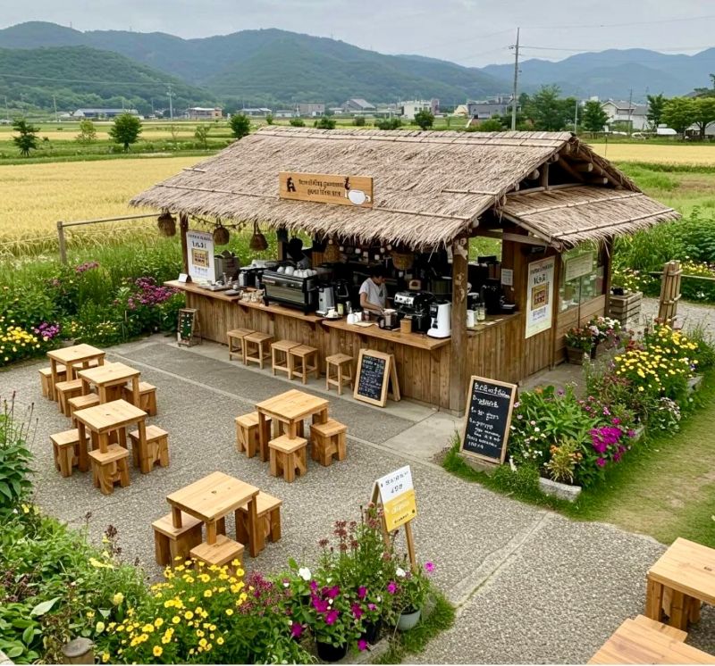 Thiết kế quán cafe nhỏ mái tranh bên đồng lúa mang lại không gian mộc mạc, nơi vài chiếc bàn gỗ đơn sơ cũng đủ để khách hòa mình vào hương đồng gió nội
