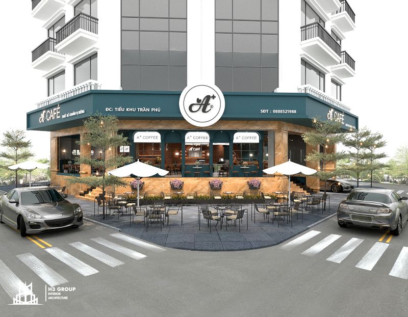 Mặt tiền dự án A+ Coffee do H3 group thi công với phong cách tân cổ điển giao thoa phong cách hiện đại 