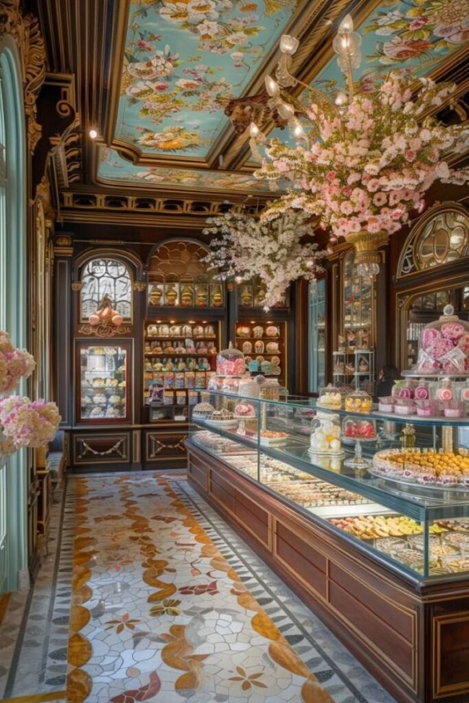 Quán cafe Cổ điển hoàng gia sử dụng màu sắc quyền lực như đỏ, xanh đậm và vàng ánh kim, tạo cảm giác quý tộc 