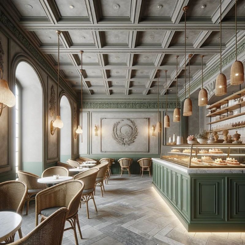 Thiết kế quán cafe Tân cổ điển thanh lịch tạo điểm nhấn bằng phào chỉ sắc nét, màu sắc hài hòa và ánh sáng vàng ấm 