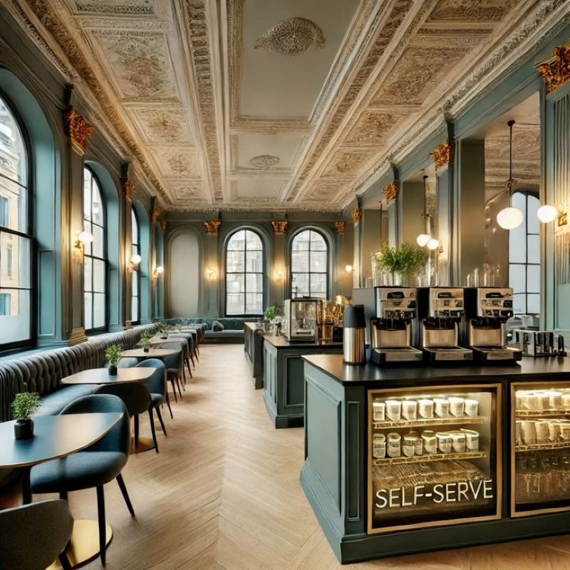 Quán cafe Tân cổ điển thanh lịch nổi bật với tông màu xanh cổ vịt, tạo cảm giác sang trọng và thư thái cho không gian