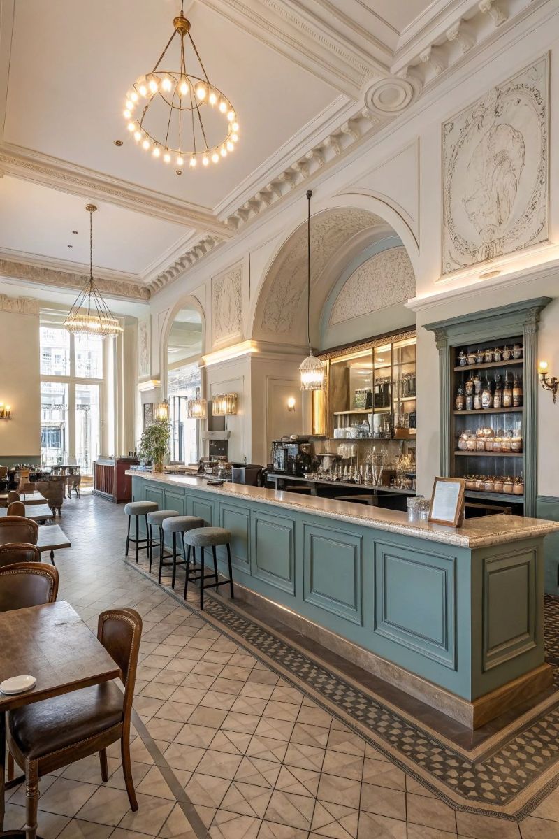 Trong thiết kế quán cafe phong cách châu Âu, đường nét kiến trúc và phào chỉ tinh xảo với hoa văn nổi đóng vai trò như “linh hồn” tạo nên vẻ sang trọng và đậm chất cổ điển 