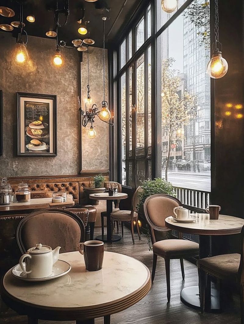 Vật liệu và đồ trang trí cao cấp giúp quán cafe phong cách châu Âu toát lên vẻ sang trọng, tinh tế và bền vững theo thời gian 