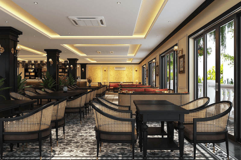 Mẫu thiết kế quán cà phê với phong cách Indochine hoài niệm qua nội thất mây tre, hiện đại cá tính với tông màu tối và ánh sáng neon