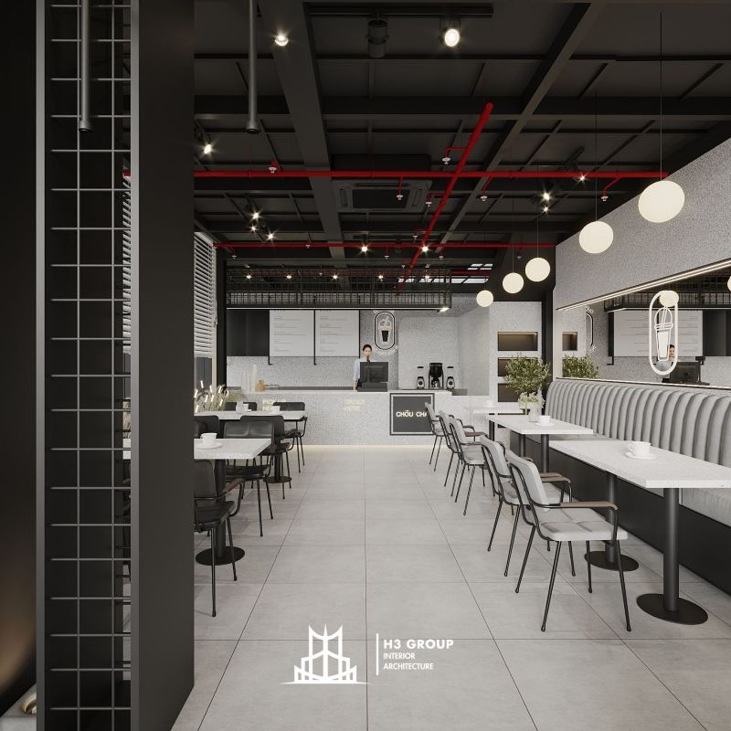 Không gian cafe trong nhà hiện đại với phong cách tối giản, tập trung vào sự thông thoáng, rộng rãi và tiện nghi, đây chính là lựa chọn phù hợp cho mô hình quán nhỏ đến vừa