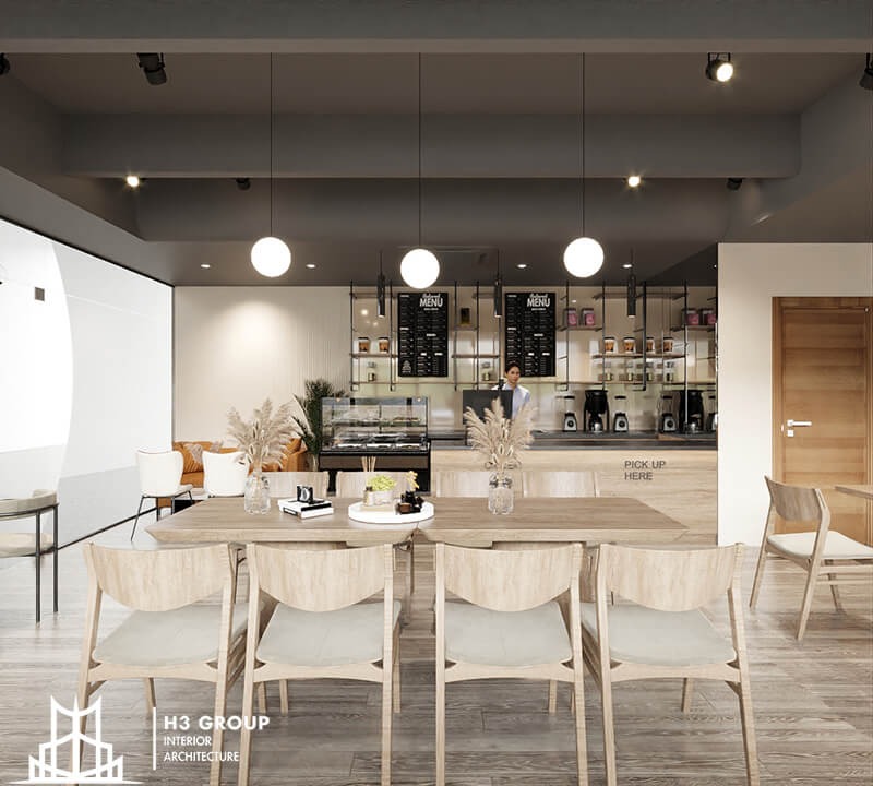 Phong cách đơn giản với gam màu gỗ sáng, mang lại sự gần gũi và ấm áp cho không gian cafe trong nhà cũng như cảm giác dễ chịu cho khách hàng