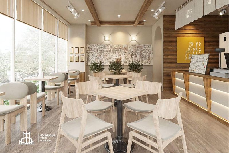 Không gian chỉ 50m² nhưng vẫn bố trí nội thất đầy đủ công năng, đây là giải pháp lý tưởng cho quán cafe trong nhà giúp không gian rộng rãi, thoáng khí