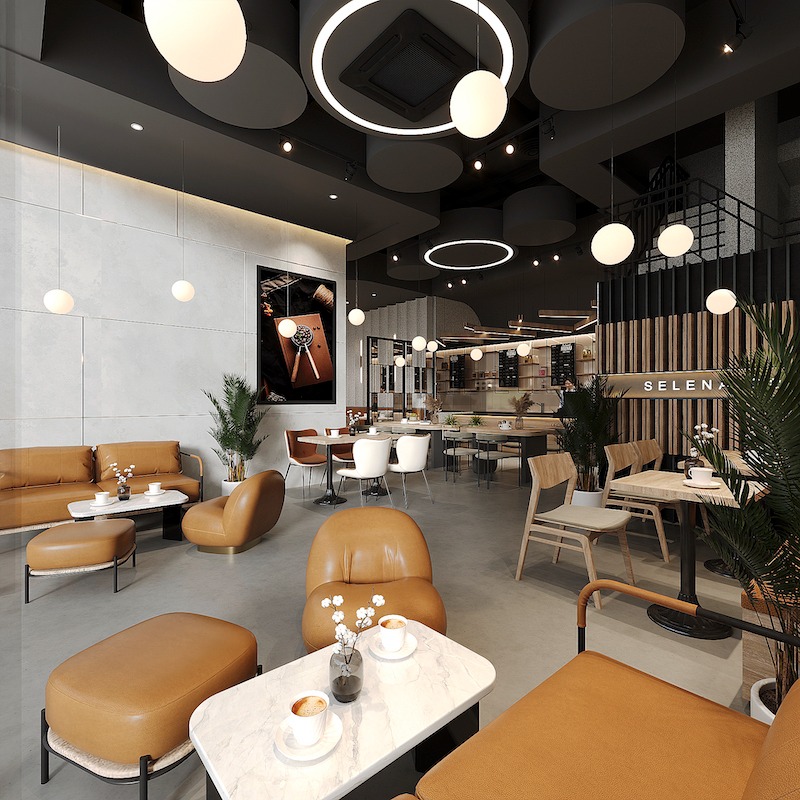 Thiết kế quán cafe hiện đại với tone màu nâu, trắng tạo cảm giác gần gũi, phù hợp để gặp gỡ, làm việc hoặc thư giãn