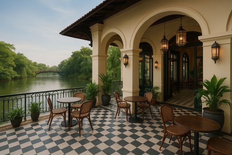 Vật liệu gỗ, mây, tre kết hợp gạch hoa văn giúp quán cafe phong cách Indochine bền đẹp, thân thiện môi trường và dễ bảo trì 