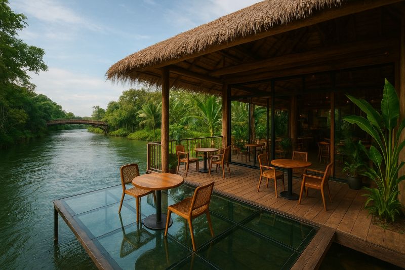 Sàn kính trong suốt giúp khách ngắm nhìn làn nước chảy ngay dưới chân, mang lại trải nghiệm “trôi nổi” độc đáo và đầy ấn tượng 