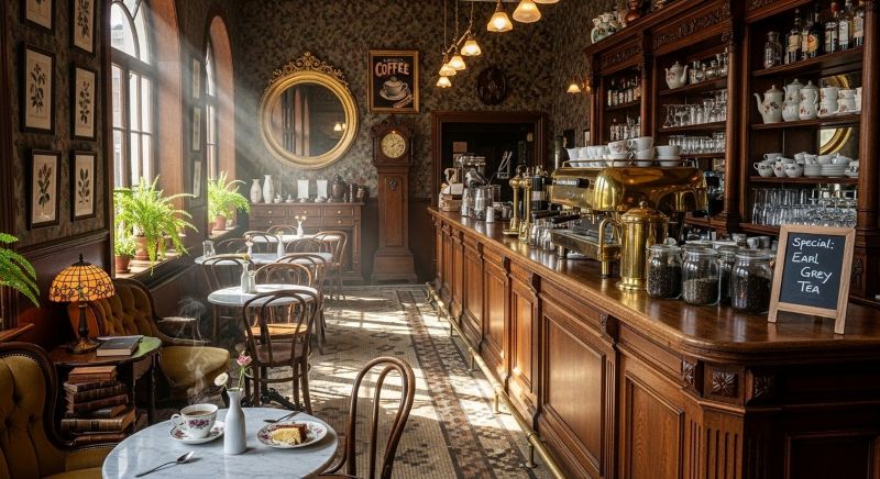 Quán nước mang đậm phong cách cổ điển châu Âu với quầy gỗ chạm khắc tinh xảo, gương tròn lớn đặc trưng