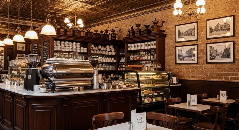 Quán nước được thiết kế theo phong cách cổ điển châu Âu ấn tượng với chất liệu nội thất từ gỗ, kim loại và gạch đậm chất châu Âu xưa